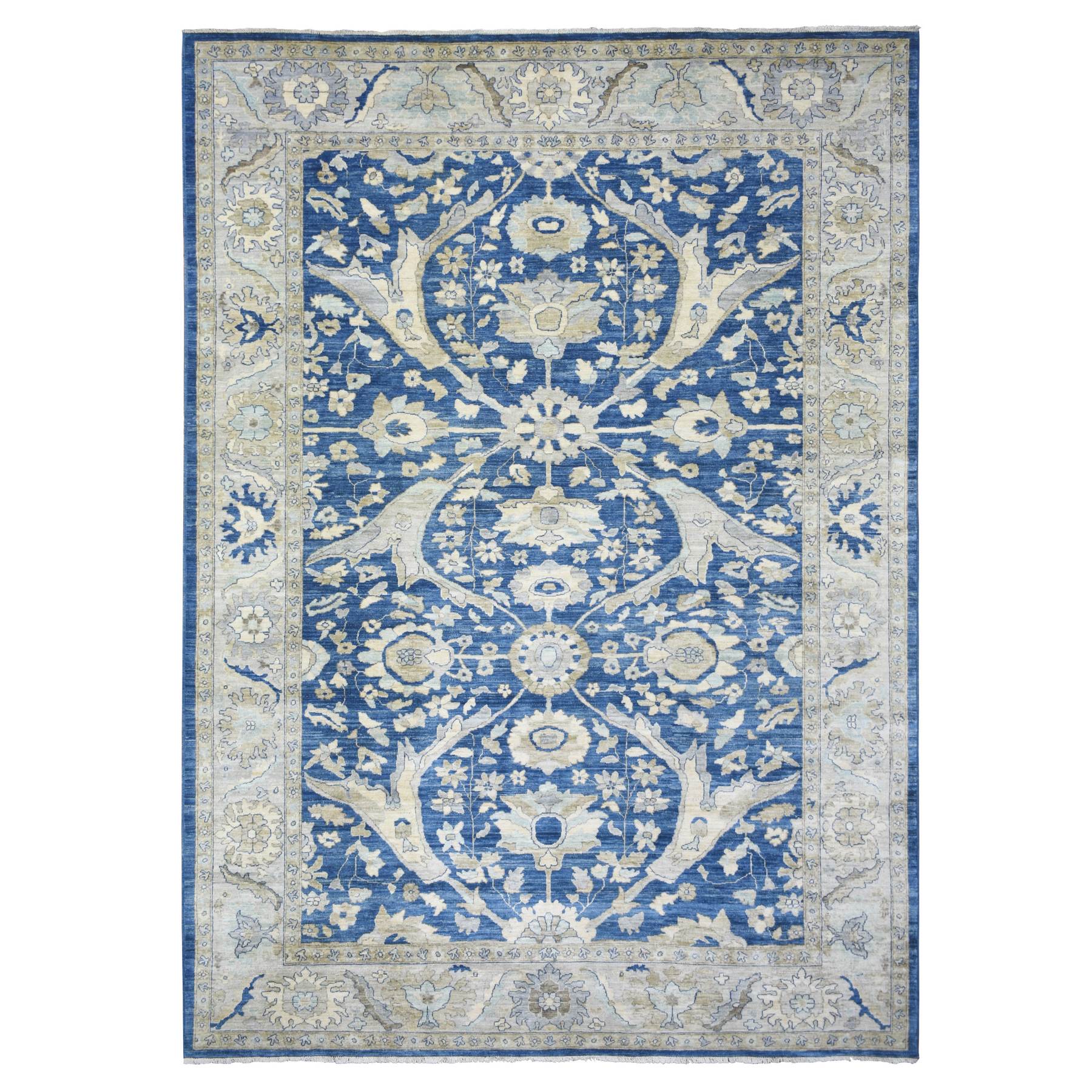 8'10"x12'4" Denim Blue, Soft Wool Hand Knotted, Fine Peshawar with All Over Flower Design Densely Woven, Oriental Rug 